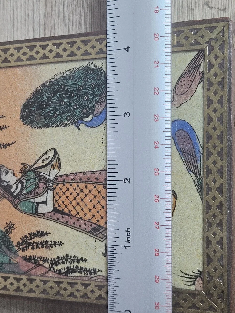 Indian Gemstone Painting Wooden Trinket Jewelry Box Peacock Musician 5x4.5